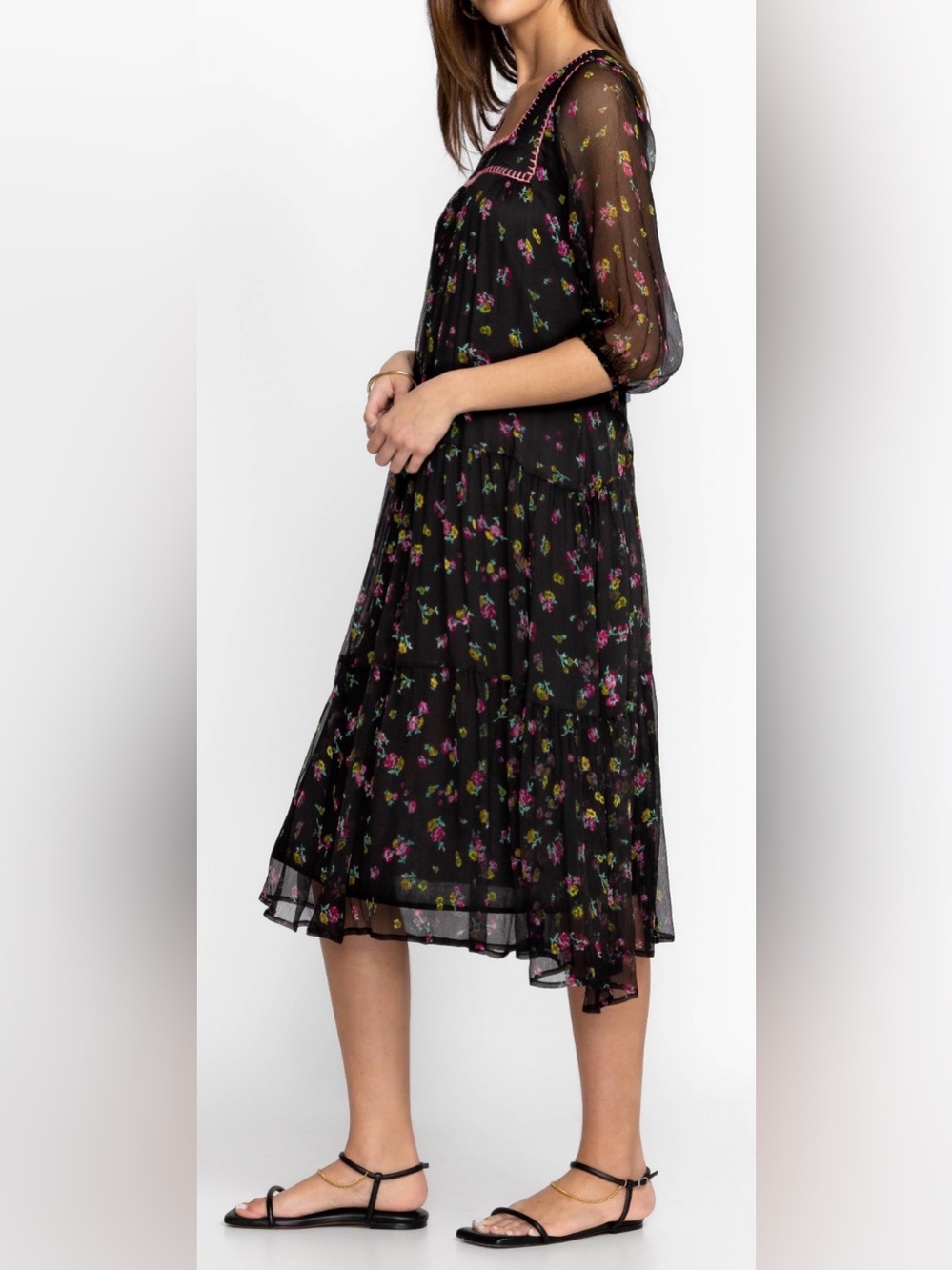 Johnny Was Jade Midi Dress Large 100% Silk Floral Black Boho Tiered Flowy Summer - Picture 10 of 11